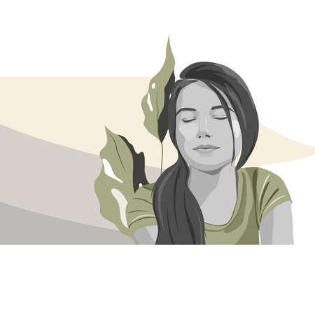 Beautiful young woman meditating, tropical leaves/relaxation/ flat art vector illustrationのイラスト素材