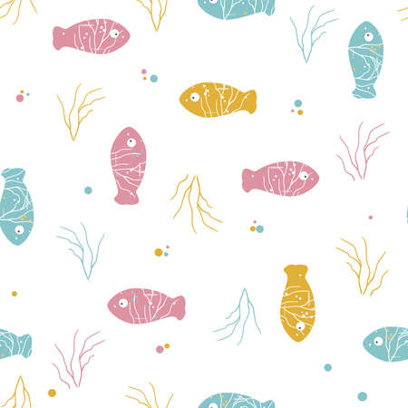 Fish seamless vector pattern. Colorful cartoon fishes pattern. Marine life vector illustration. Blue, pink and yellow fishes pattern. Flat style concept illustrationのイラスト素材