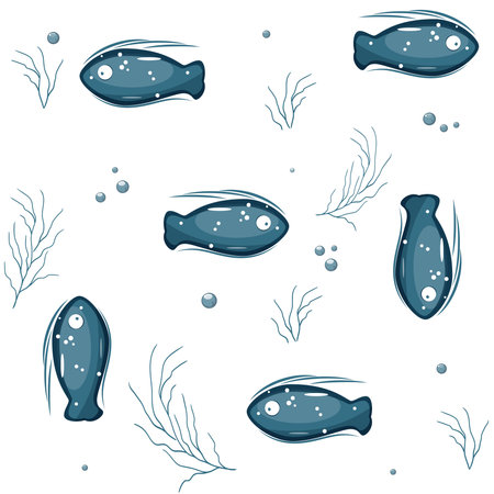 Seamless vector fish pattern. Blue cartoon fishes pattern. Marine life vector illustrationのイラスト素材