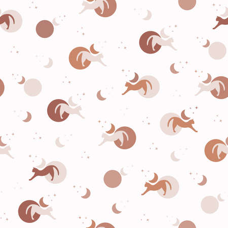 Cat seamless pattern. Cat and the moon, stars. Mystic cat pattern. Boho style. Flat concept vector illustrationの写真素材
