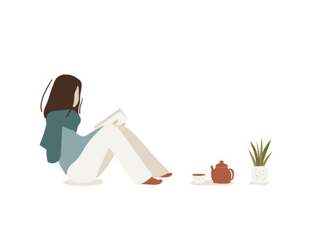 Woman reading a book and drinking tea. Flat style vector illustration.のイラスト素材