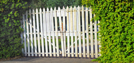 wide view of a large white wooden gate locked with a chainの写真素材