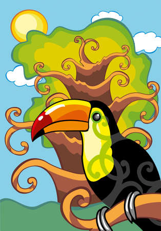 Toucan bird sitting on a tree branchのイラスト素材