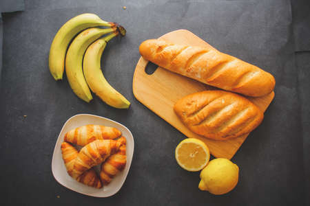 A rich variety of food photography Croissant. French loaf and croissantsの写真素材