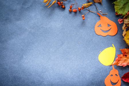 Halloween festive still life.compositions from real small pumpkins, pumpkins cut out of cardboard, autumn leaves and knobsの写真素材