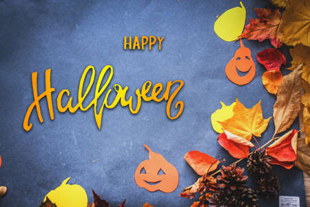 With the addition of handwritten text Happy Halloween.compositions from real small pumpkins, pumpkins cut out of cardboard, autumn leaves and knobsの写真素材