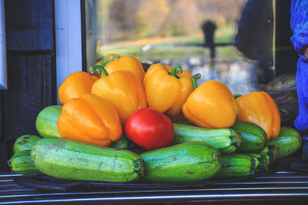 Pepper zucchini tomatoes autumn variety.Harvest in late autumn.の写真素材