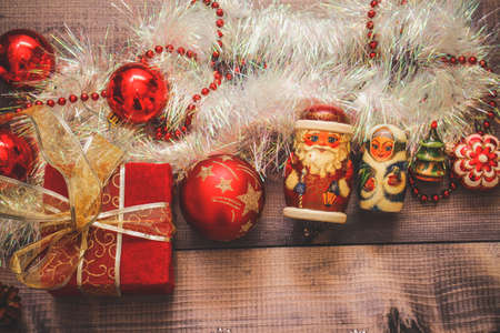 Christmas's decoration on a wooden table, great for background on greeting cards, desktop, webの写真素材