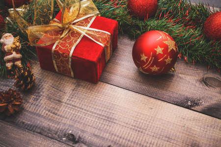 Christmas's decoration on a wooden table, great for background on greeting cards, desktop, webの写真素材