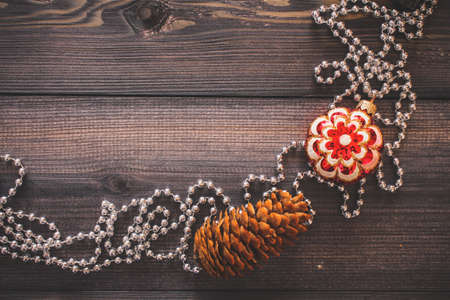Christmas decor on a wooden tableの写真素材