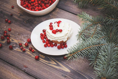 Freshly baked cake on a white plate decorated with red berries and whipped white cream with a plate topped with red berries decorated with spruce sprigs on a light wooden table top.の写真素材