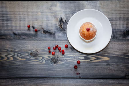 Freshly baked muffin decorated with red berries. Dusted with icing sugar on a white plate. Light...