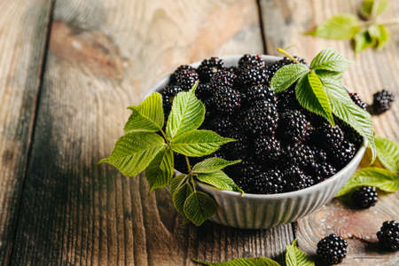 Blackberries with leaves in a gray ceramic bowl on a wooden background. Close up, copy space.の写真素材
