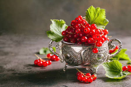 Red currant with leaves in a metal vintage bowl on a gray background. Close up, copy space.の写真素材