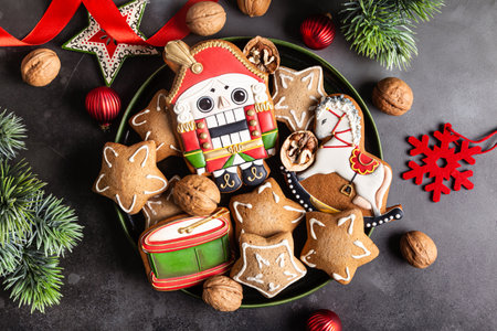 Walnuts and Christmas handmade gingerbread cookies in a green ceramic plate on a dark background....