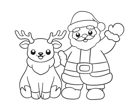 Santa with reindeer outline line art doodle cartoon illustration. Winter Christmas theme coloring book page activity for kids and adults.のイラスト素材