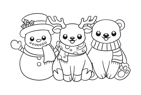 Happy snowman, reindeer and polar bear wearing scarves outline line art doodle cartoon illustration. Winter Christmas theme coloring book page activity for kids and adults.のイラスト素材