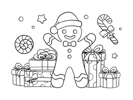 Gingerbread man with gift boxes and peppermint candy cane outline line art doodle cartoon illustration. Winter Christmas theme coloring book page activity for kids and adults.のイラスト素材