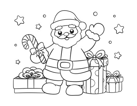 Santa Claus with gifts and candy cane outline line art doodle cartoon illustration. Winter Christmas theme coloring book page activity for kids and adults.のイラスト素材