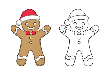 Cute gingerbread man with a bow tie and Santa hat outline and colored doodle cartoon illustration set. Winter Christmas theme coloring book page activity for kids and adults.のイラスト素材