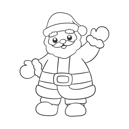 Cute happy Santa Claus waving cartoon outline doodle illustration. Father Christmas, Kris Kringle, Saint Nick. Winter Christmas theme coloring book page activity for kids and adults.のイラスト素材