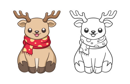 Cute happy reindeer wearing a polka dot scarf outline and colored doodle animal cartoon illustration set. Winter wildlife Christmas theme coloring book page activity for kids and adults.のイラスト素材