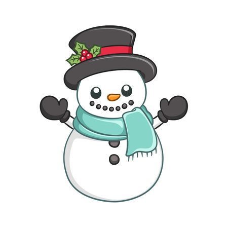 Cute snow man wearing a top hat with mistletoe and scarf cartoon illustration. Winter Christmas theme clip art.のイラスト素材