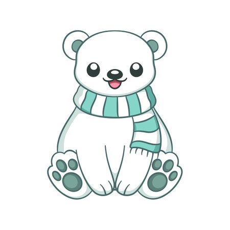 Cute chibi snow polar bear wearing a scarf animal cartoon illustration. Winter wildlife Christmas theme clip art.のイラスト素材