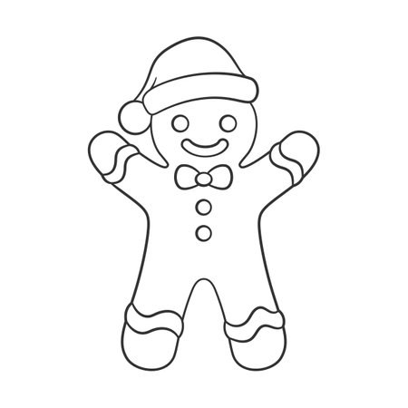 Cute gingerbread man with a bow tie and Santa hat Winter Christmas theme easy coloring book page activity for kids.のイラスト素材