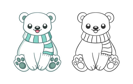 Cute chibi snow polar bear wearing a scarf outline and colored doodle cartoon illustration set. Winter Christmas theme coloring book page activity for kids and adults.のイラスト素材