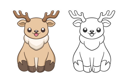 Cute happy chibi style sitting reindeer with antlers animal outline and colored doodle cartoon illustration set. Winter Christmas theme coloring book page activity for kids and adults.のイラスト素材