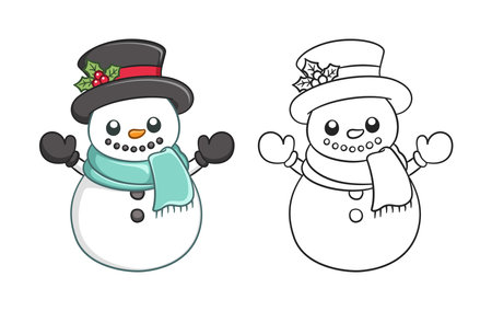 Cute snow man wearing a top hat with mistletoe and scarf outline and colored doodle cartoon illustration set. Winter Christmas theme coloring book page activity for kids and adults.のイラスト素材