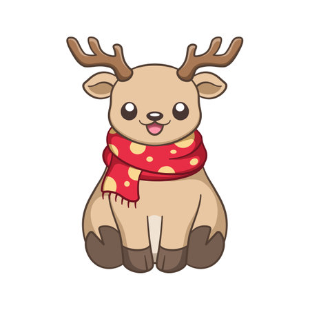Cute happy reindeer wearing a polka dot scarf cartoon illustration. Winter Christmas theme clip art.のイラスト素材