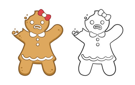 Sad gingerbread girl cookie with bite outline and colored doodle cartoon illustration set. Winter Christmas food theme coloring book page activity for kids.のイラスト素材