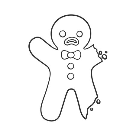 Gingerbread man cookie with bite outline doodle cartoon illustration. Winter Christmas food theme coloring book page activity for kids.のイラスト素材