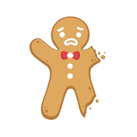 Sad gingerbread man cookie with bite. Winter Christmas food cartoon illustration.のイラスト素材