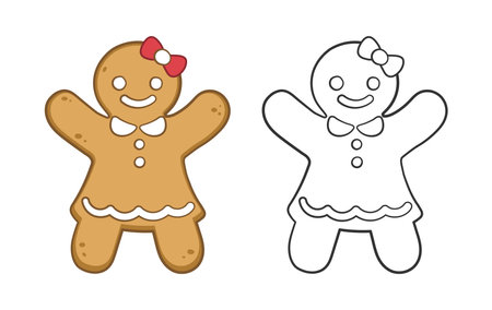 Gingerbread girl cookie outline and colored doodle cartoon illustration set. Winter Christmas food theme coloring book page activity for kids.のイラスト素材