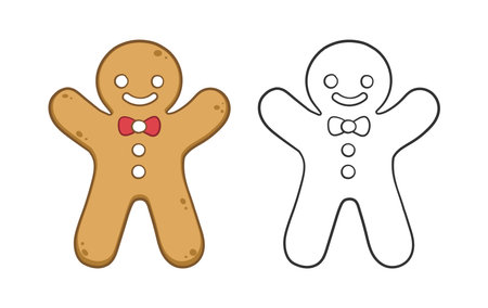 Gingerbread man cookie outline and colored doodle cartoon illustration set. Winter Christmas food theme coloring book page activity for kids.のイラスト素材