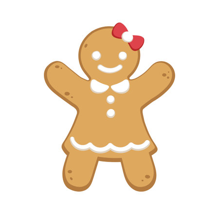 Gingerbread girl cookie with ribbon and dress. Winter Christmas food cartoon illustration.のイラスト素材