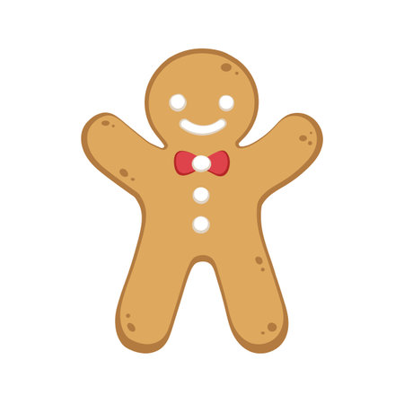 Happy gingerbread man cookie with bow tie. Winter Christmas food cartoon illustration.のイラスト素材