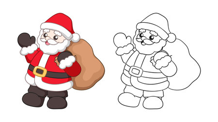 Santa Claus waving and holding a sack of presents cute cartoon illustrationのイラスト素材