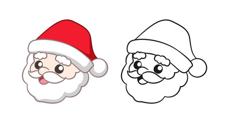 Happy Santa Claus head cartoon illustration. Front view Colored and outline set. Coloring book page printable activity worksheet for kids.のイラスト素材