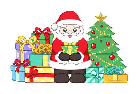 Happy Santa Claus next to a Christmas tree holding a present surrounded by colorful gift boxesのイラスト素材