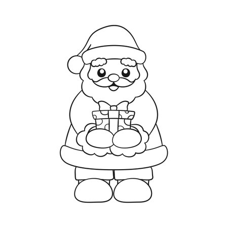 Happy Santa Claus holding out and giving a Christmas present cartoon line art outline illustration. Coloring book page printable activity worksheet for kids.のイラスト素材
