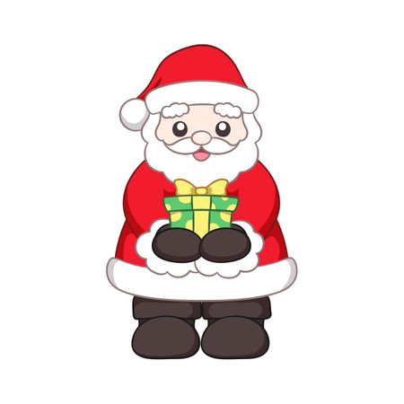 Happy Santa Claus holding out and giving a Christmas present cartoonのイラスト素材
