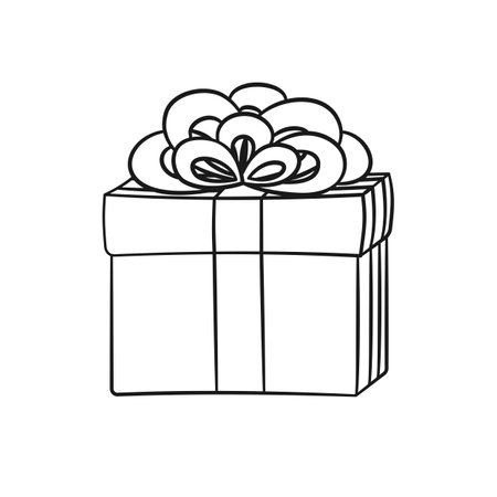 Gift box with bow cartoon. Christmas or birthday present illustration outline. Coloring book page printable activity worksheet for kids.のイラスト素材