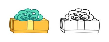 Gift box with bow cartoon clipart. Christmas or birthday present illustration. Colored and outline set. Coloring book page printable activity worksheet for kids.のイラスト素材