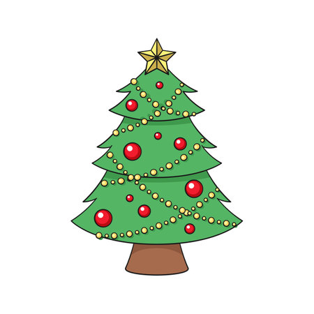 Christmas tree with fairy lights, ornaments and golden star cartoon illustrationのイラスト素材