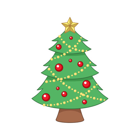 Christmas tree with fairy lights, ornaments and golden star cartoon illustrationのイラスト素材