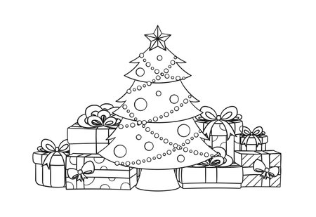 Christmas tree with fairy lights, ornaments and golden star surrounded by colorful presents and gift boxes cartoon outline illustration. Coloring book page printable activity worksheet for kids.のイラスト素材